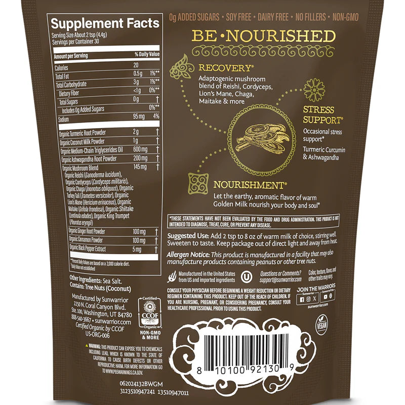 Back of a supplement package with 'Be Nourished' branding and text on a brown background.