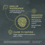 Product label with text about nootropics on a dark background