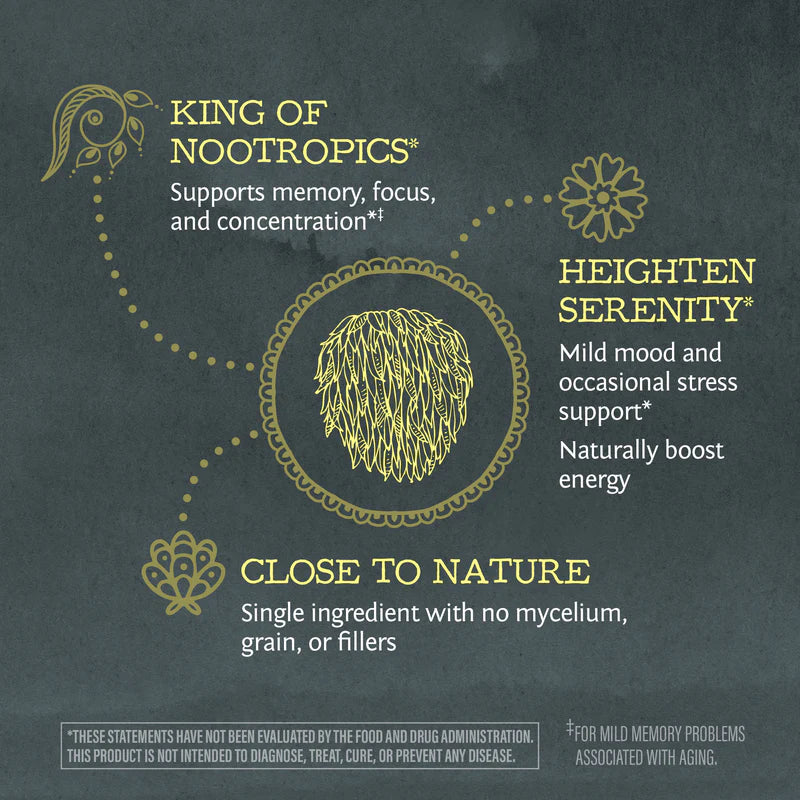 Product label with text about nootropics on a dark background