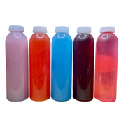 Five bottles of colored liquid with white caps on a white background