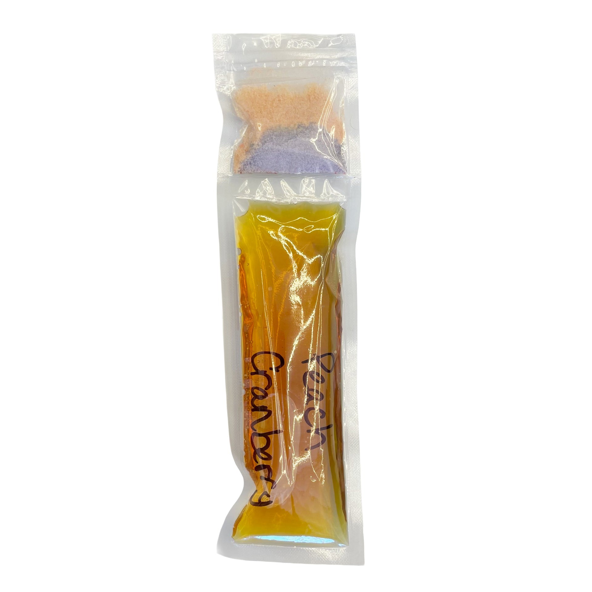 Rise Apothecary Clear plastic bag with Peach Cranberry text on a white background