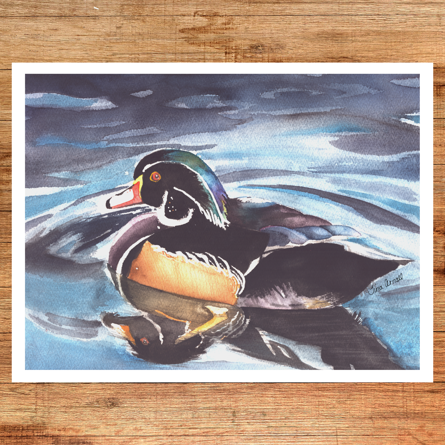 Painting of a duck floating on water with a wooden background