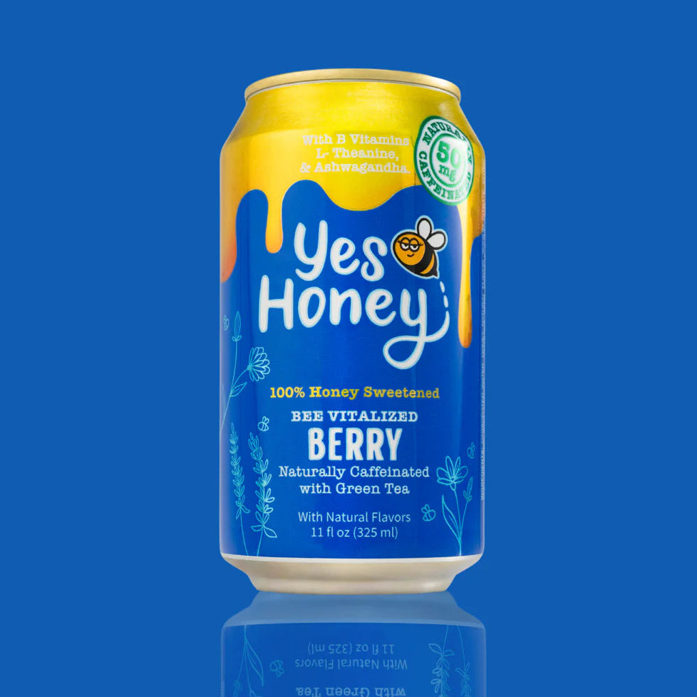 Yes Honey berry drink can on a blue background