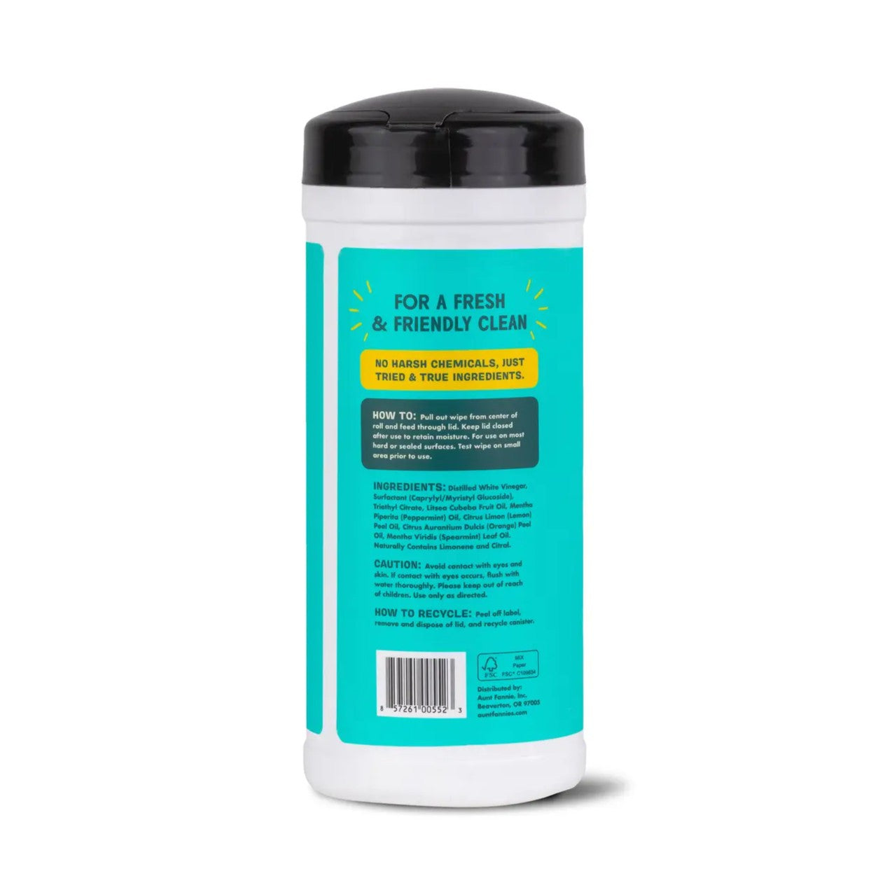Cleaning product container with teal label and black lid on a white background