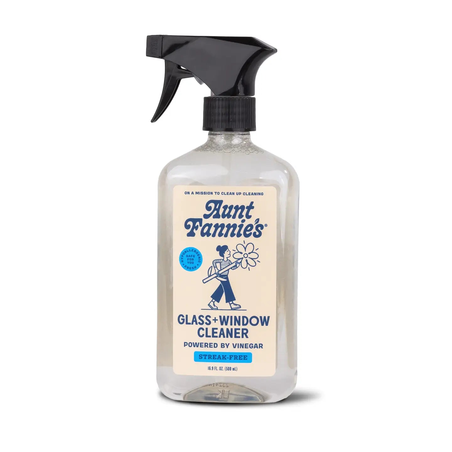 Aunt Fannie's glass window cleaner bottle with a black spray nozzle on a white background
