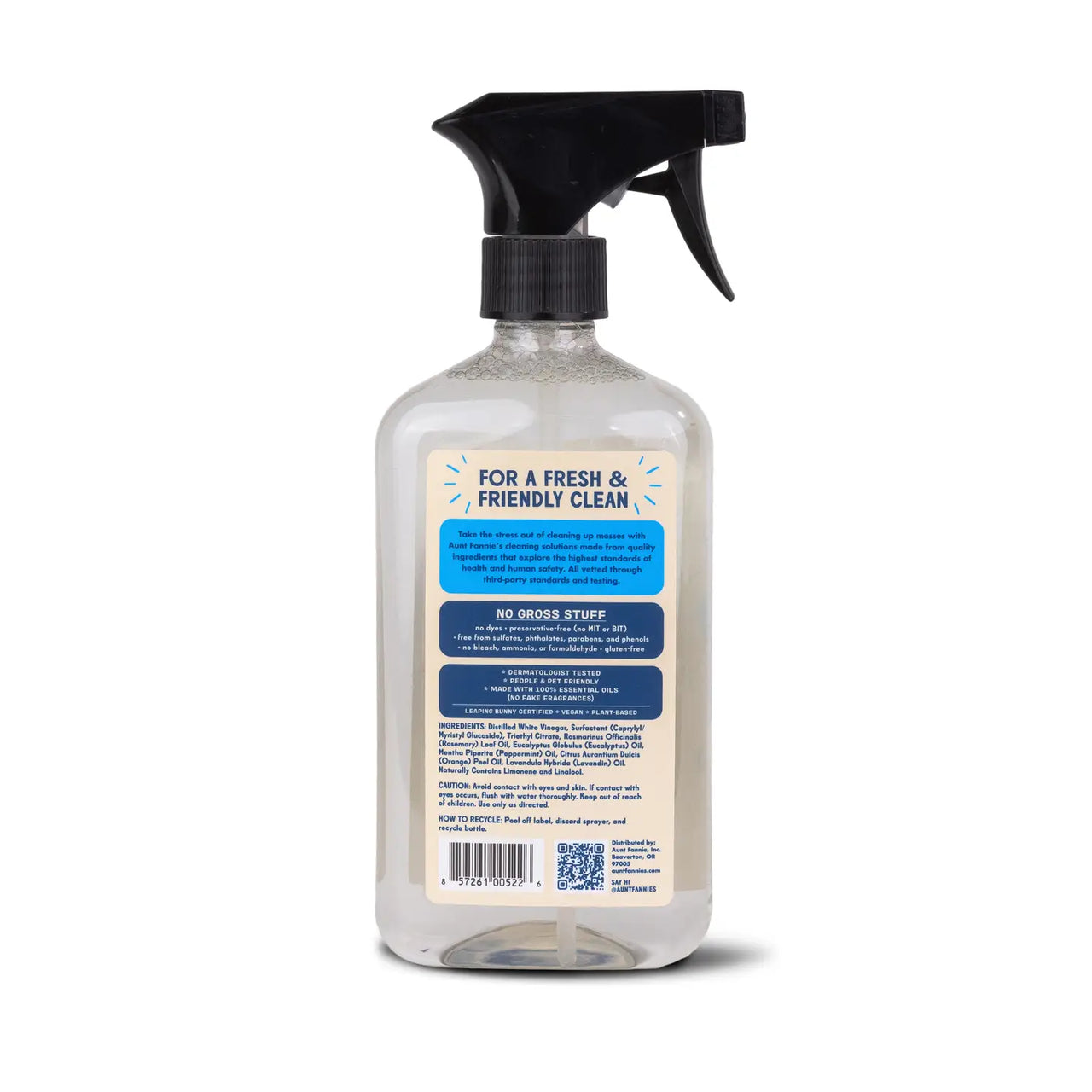 Clear spray bottle with black nozzle on a white background