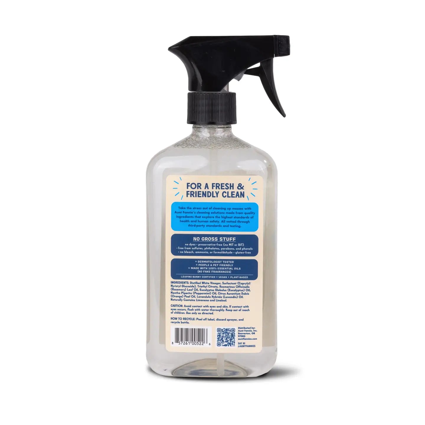 Clear spray bottle with black nozzle on a white background