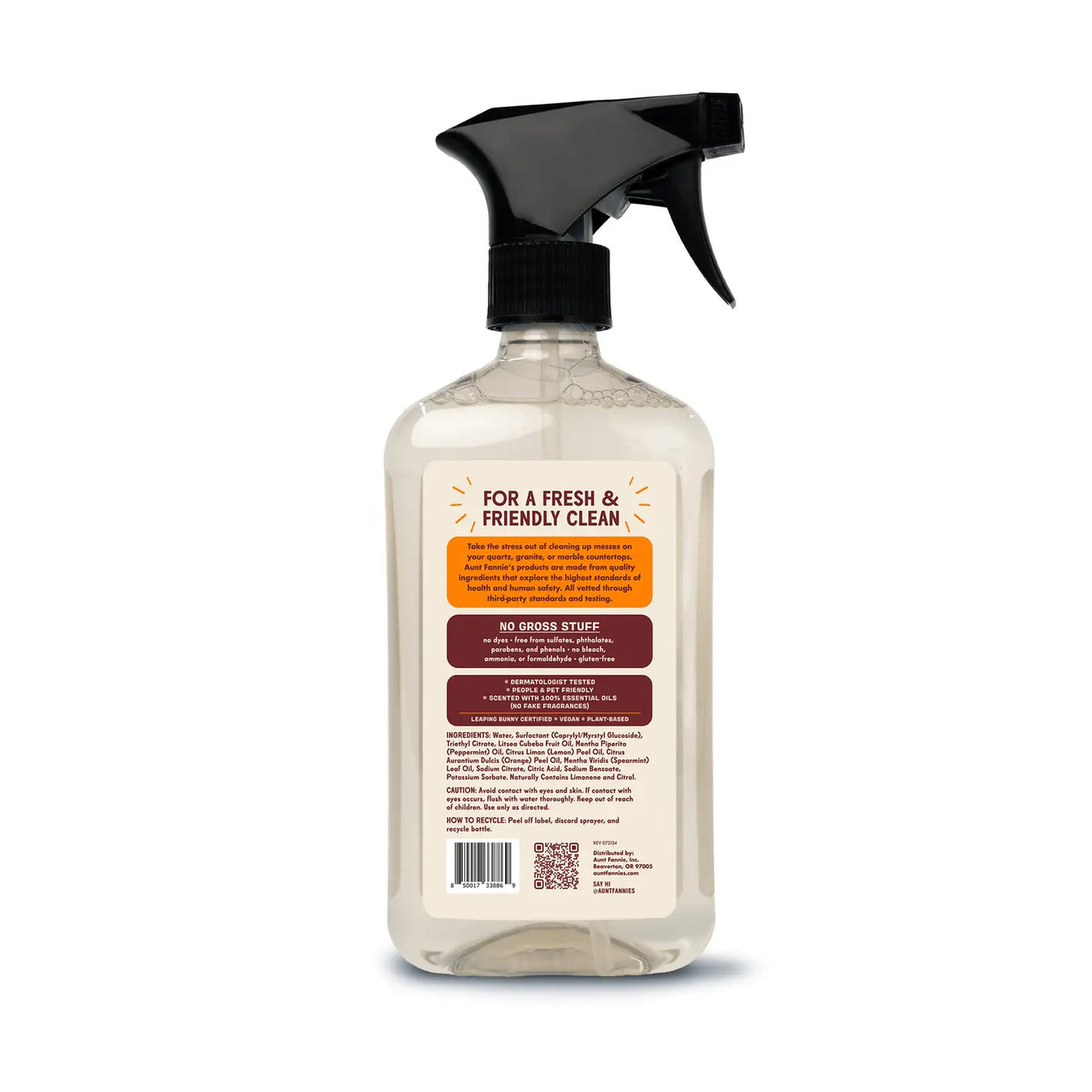 Clear spray bottle with black nozzle on a white background