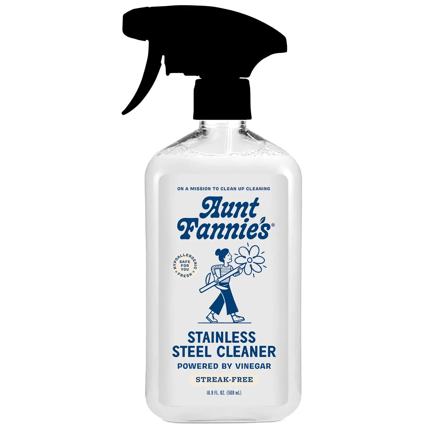 Aunt Fannie's stainless steel cleaner bottle on a white background