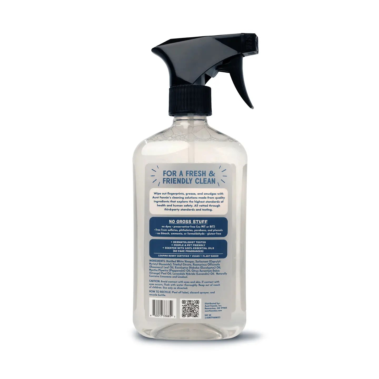 Clear spray bottle with black nozzle on a white background