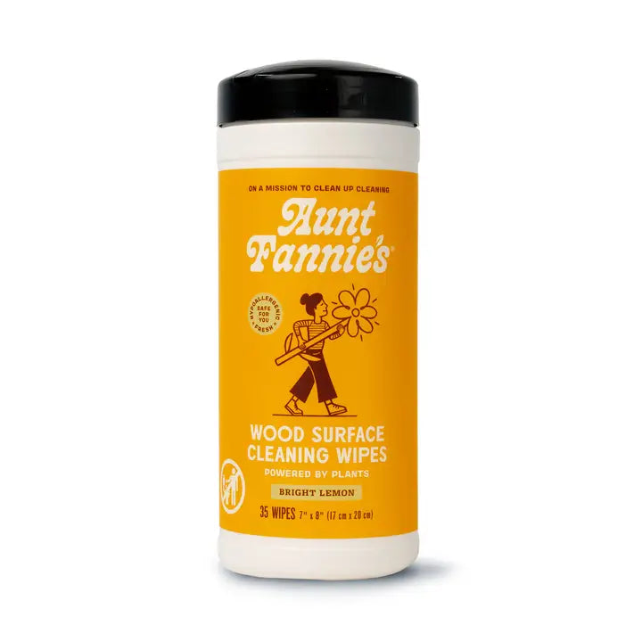Aunt Fannie's wood surface cleaning wipes container on a white background