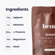 Ingredients list of a product with a brown package labeled 'beam', featuring apigenin, melatonin, L-Theanine, magnesium, and reishi.