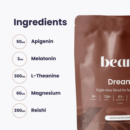 Ingredients list of a product with a brown package labeled 'beam', featuring apigenin, melatonin, L-Theanine, magnesium, and reishi.