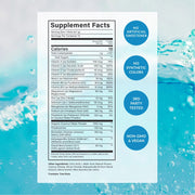 Supplement facts label with health benefits on a blue water background
