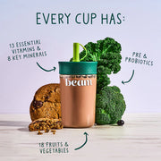 Beam cup with green lid surrounded by a cookie, broccoli, and text about vitamins and minerals on a light background