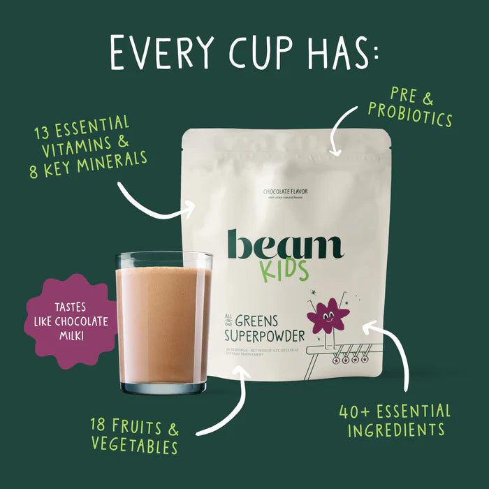 Beam Kids Greens Superpowder packaging with a glass of chocolate milk on a green background