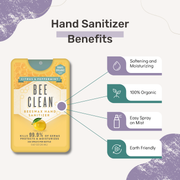 Bee Clean hand sanitizer packaging with benefits listed on a white background
