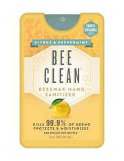 Bee Clean beeswax hand sanitizer packaging with lemon graphic on a white background
