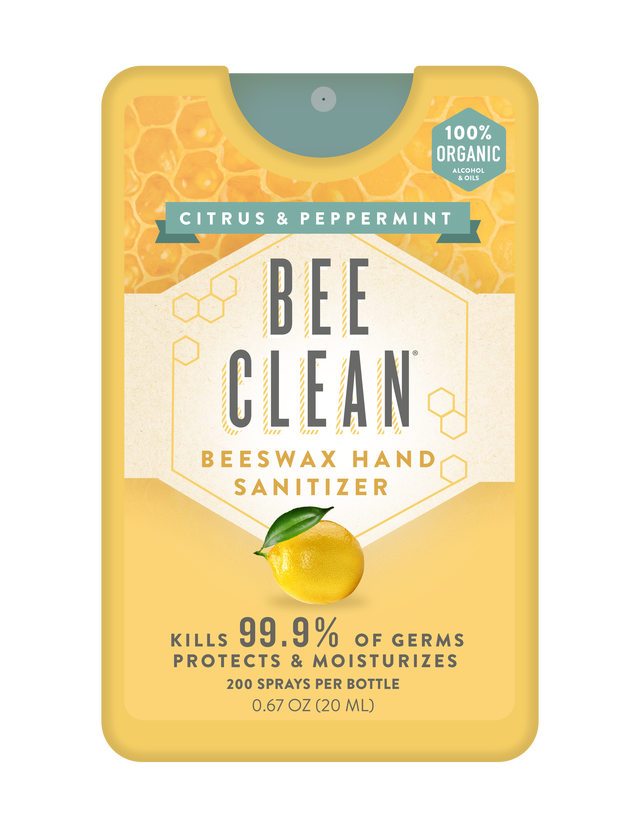 Bee Clean beeswax hand sanitizer packaging with lemon graphic on a white background