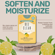 Bee Clean beeswax hand sanitizer packaging with lemon slices and mint leaves on a light background.