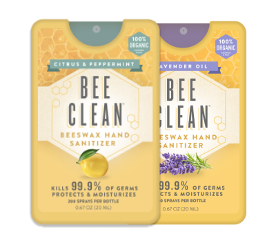 Two packages of Bee Clean beeswax hand sanitizer on a white background