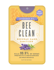 Bee Clean beeswax hand sanitizer packaging with lavender oil on a white background