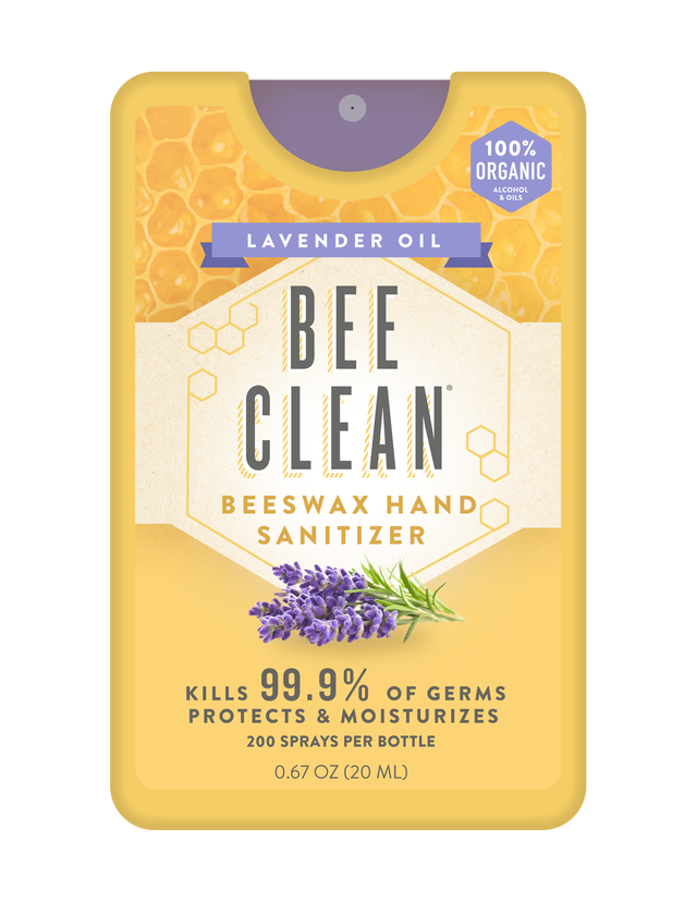 Bee Clean beeswax hand sanitizer packaging with lavender oil on a white background