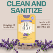 Bee Clean beeswax hand sanitizer packaging with lavender flowers on a beige background