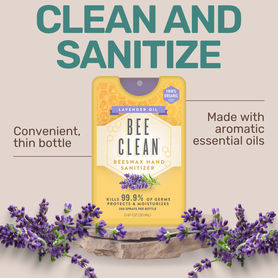 Bee Clean beeswax hand sanitizer packaging with lavender flowers on a beige background