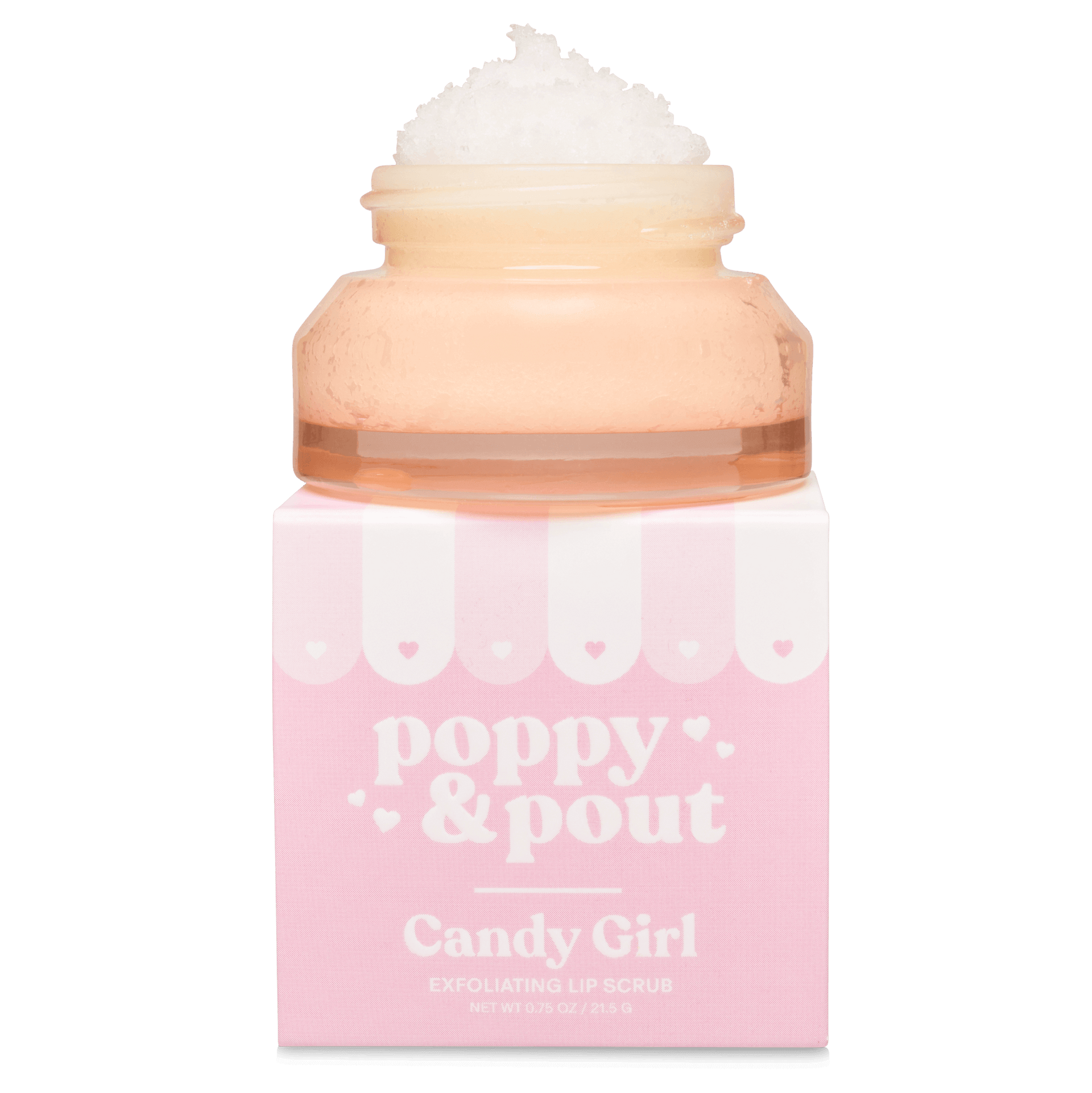 Lip scrub container with pink packaging and white text on a black background