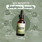 Bottle of Earthly Wellness Adaptogenic Immunity supplement with key benefits on a green background