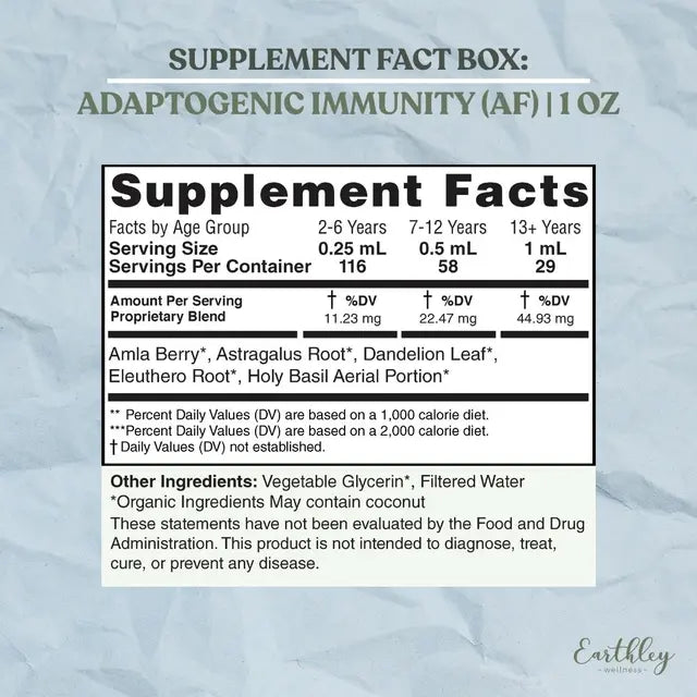 Supplement label for 'Adaptogenic Immunity' with supplement facts on a textured gray background.