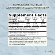 Supplement label for 'Adaptogenic Immunity' with supplement facts on a textured gray background.