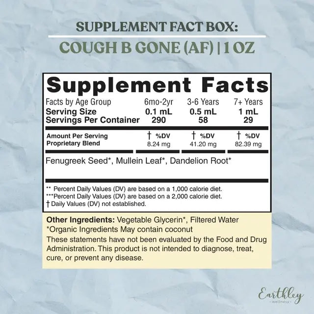 Supplement facts label for Cough B Gone AF on a textured gray background