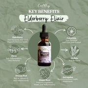 Earthley Elderberry Elixir with key benefits on a green background