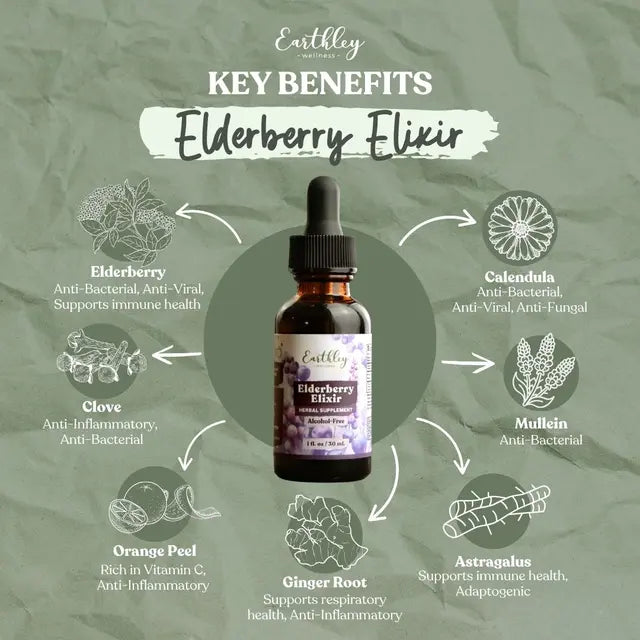 Earthley Elderberry Elixir with key benefits on a green background