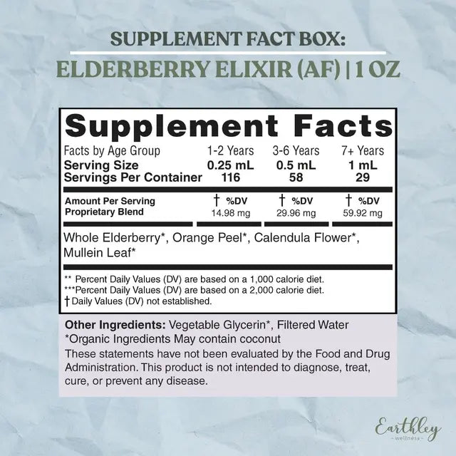Supplement facts label for Elderberry Elixir on a textured gray background