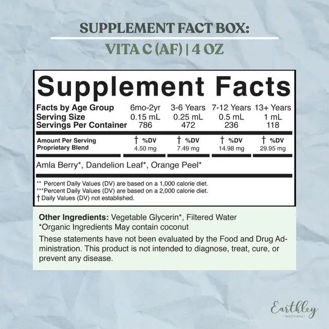 Supplement facts label for a product labeled 'Vita C (AF) 4 oz' with Earthley branding.