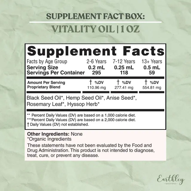 Supplement facts label for 'Vitality Oil' on a green background