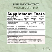 Supplement facts label for 'Vitality Oil' on a green background