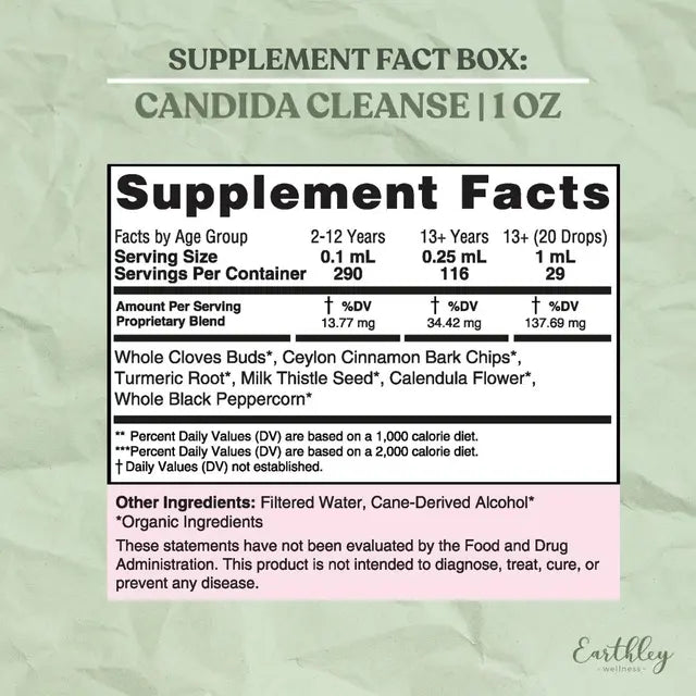 Supplement facts label for 'Candida Cleanse' on a light green background
