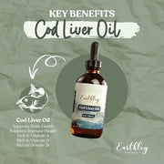 Bottle of Earthley Cod Liver Oil with key benefits listed on a green background