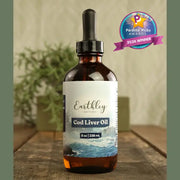 Bottle of Earthley Cod Liver Oil with a dropper on a wooden surface, featuring a 'Parents' Picks Award' badge.