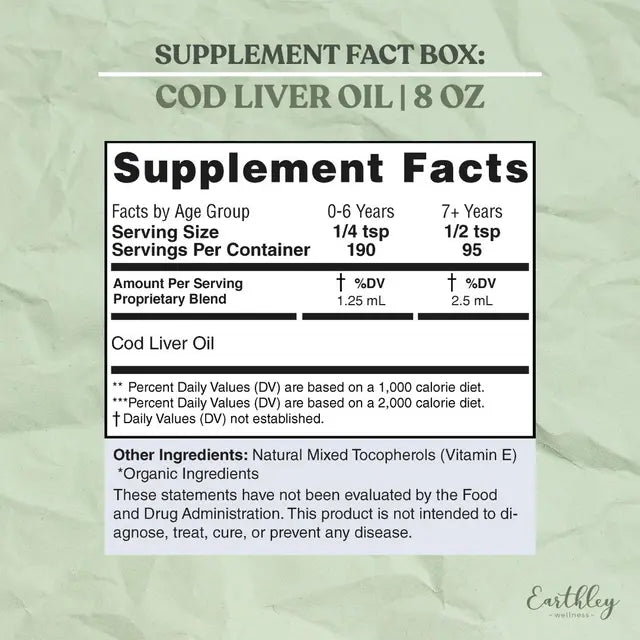 Supplement facts label for cod liver oil on a green background