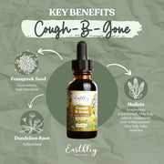 Bottle of Cough-B-Gone with key benefits on a green background