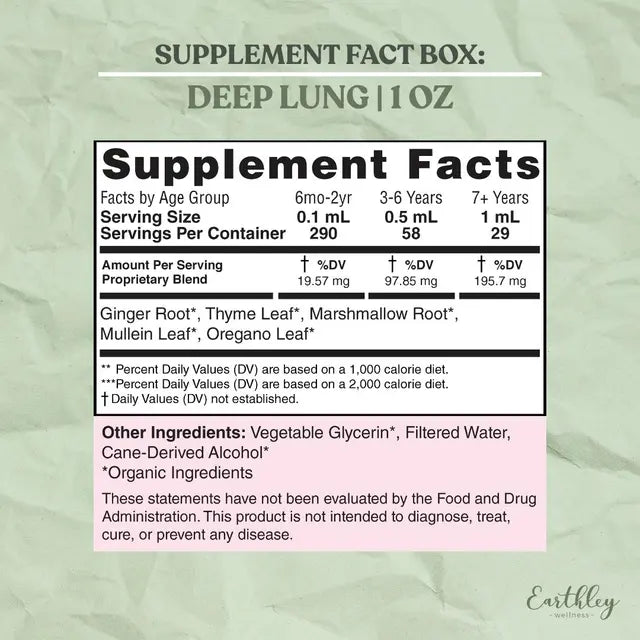 Supplement facts label for 'Deep Lung' supplement on a green background