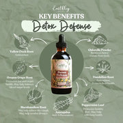 Earthley Detox Defense supplement bottle with key benefits on a green background