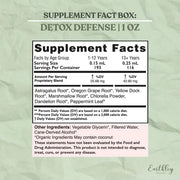 Supplement facts label for Detox Defense on a green background
