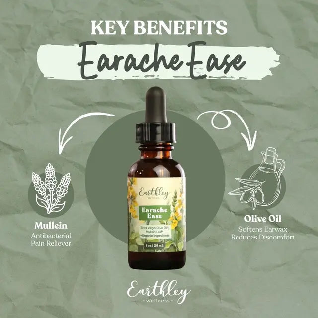 Earthley Earache Ease product with key benefits on a green background