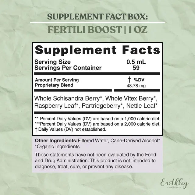 Supplement facts label for Fertili Boost on a green background